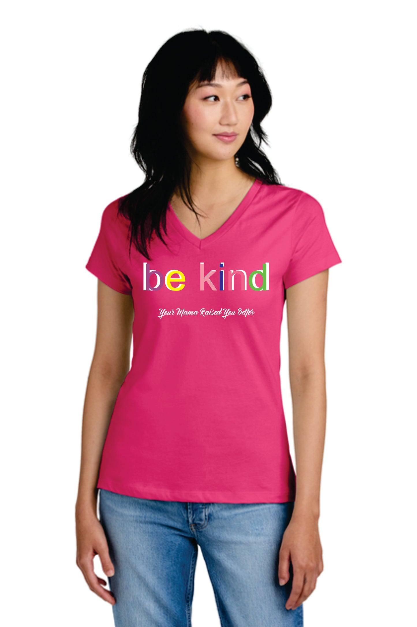 BE KIND on Ring Spun District Tee, Ladies V-neck